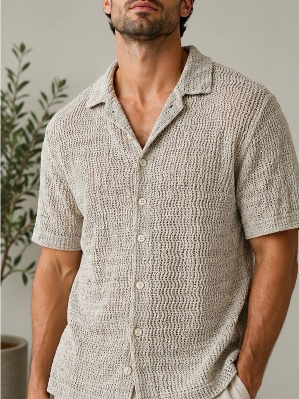 Men's Open-Knit Short Sleeve Button-Down Shirt — Light Beige